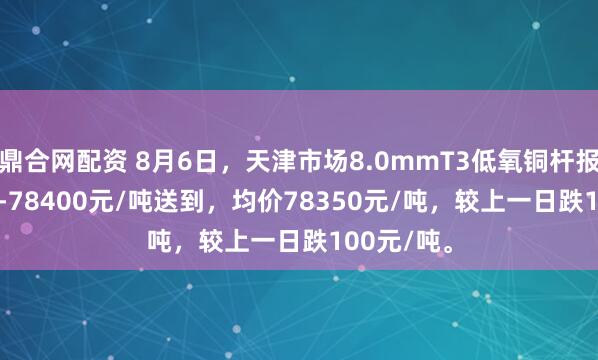 鼎合网配资 8月6日，天津市场8.0mmT3低氧铜杆报价78300-78400元/吨送到，均价78350元/吨，较上一日跌100元/吨。
